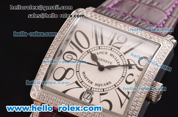 Franck Muller Master Square Swiss Quartz Steel Case with Diamond Bezel and Purple Leather Strap - Click Image to Close